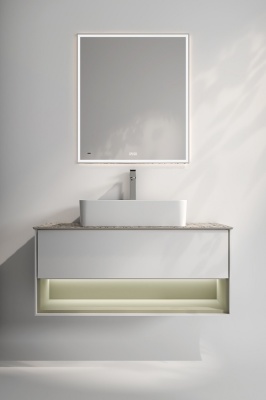 Тумба Plaza Modern/Плаза Модерн подвесная 100, нажимное открывание, 1 ящик, подсветка, белая матовая+шалфей