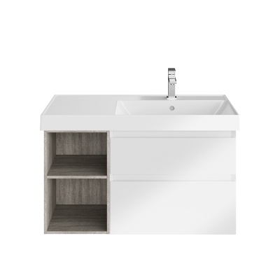 Тумба Cubo/Кубо правая подвесная с ящиками 90, белая матовая-древесная