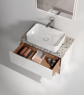 Тумба Plaza Modern/Плаза Модерн подвесная 100, нажимное открывание, 1 ящик, подсветка, белая матовая+сахара