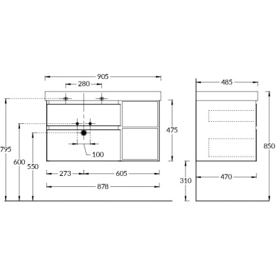 Тумба Cubo/Кубо левая подвесная с ящиками 90, лимо матовая-древесная