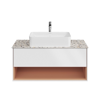 Тумба Plaza Modern/Плаза Модерн подвесная 100, нажимное открывание, 1 ящик, подсветка, белая матовая+сахара