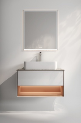 Тумба Plaza Modern/Плаза Модерн подвесная 100, нажимное открывание, 1 ящик, подсветка, белая матовая+сахара