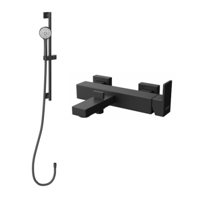 Комплект для ванны ФУТУРА на 2 потока cо смесителем и душевой стойкой, черный матовый