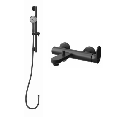 Комплект для ванны ОЛЕ с настенным смесителем с дивертором и душевой стойкой, черный матовый
