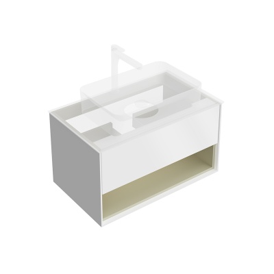 Тумба Plaza Modern/Плаза Модерн подвесная 80, нажимное открывание, 1 ящик, подсветка, белая матовая+шалфей