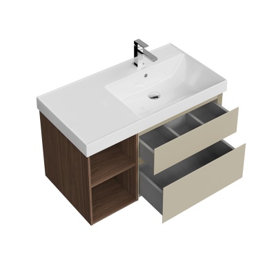 Тумба CUBO правая подвесная с ящиками 90, лимо матовая- структ.орех Тумба CUBO правая подвесная с ящиками 90, лимо матовая- структ.орех