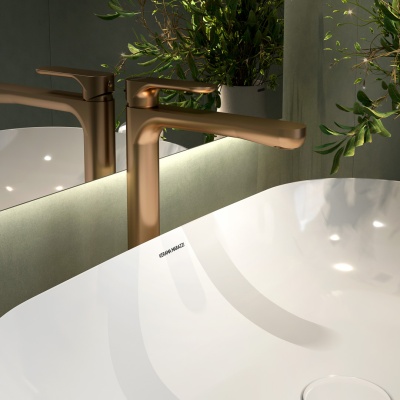 Смеситель для раковины OLE однорычажный высокий без донного клапана, золотой атласный